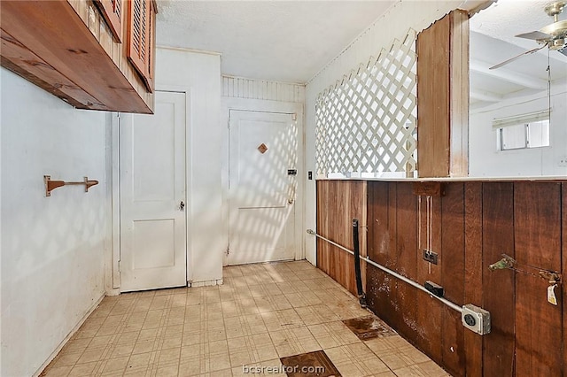 clothes washing area featuring ceiling fan and wooden walls