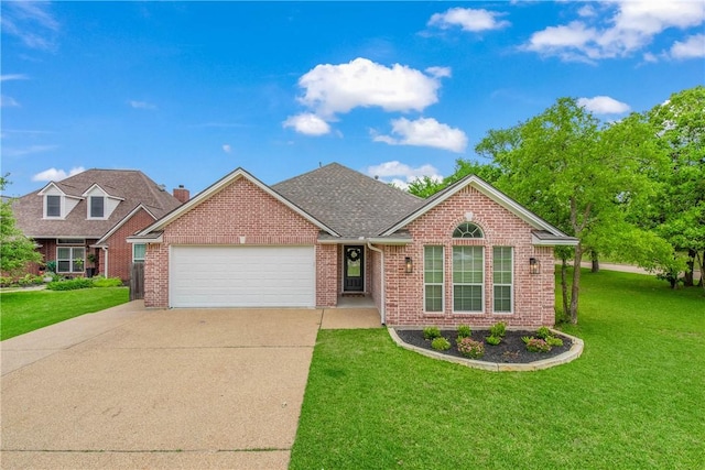single story home featuring a garage, a front yard, roof with shingles, brick siding, and concrete driveway