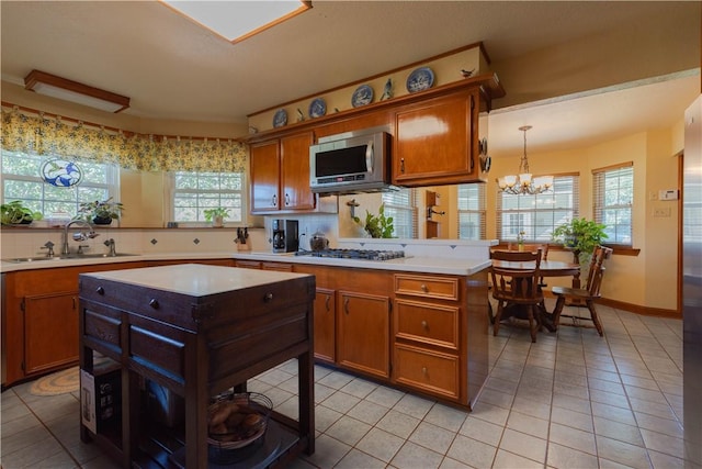 kitchen with a notable chandelier, a wealth of natural light, hanging light fixtures, and appliances with stainless steel finishes