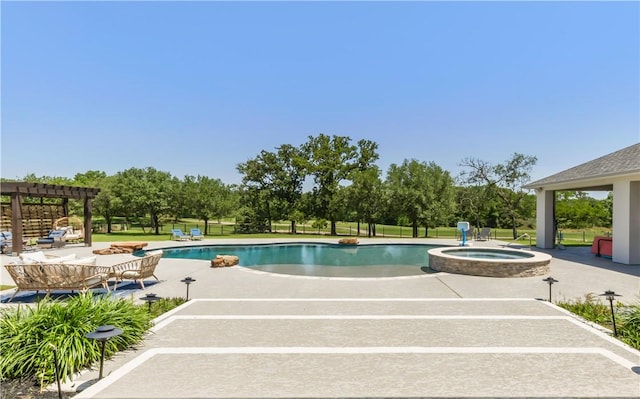 4718 Miramont Cir, Bryan, TX 77802 - view of pool featuring a pergola, a patio, a pool with connected hot tub, and a lawn
