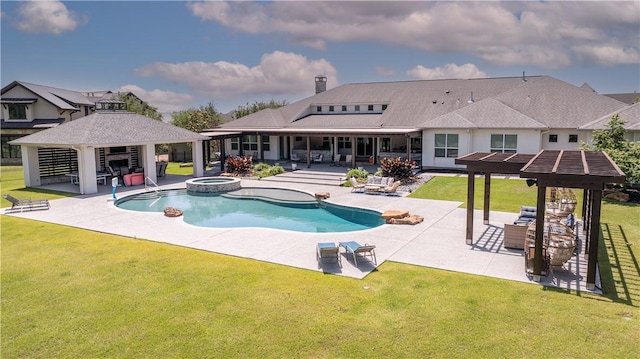 4718 Miramont Cir, Bryan, TX 77802 - view of pool with a gazebo, a lawn, a pool with connected hot tub, and a patio