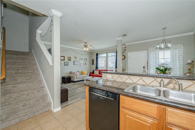 kitchen with light tile patterned floors, dishwasher, dark countertops, open floor plan, and a sink