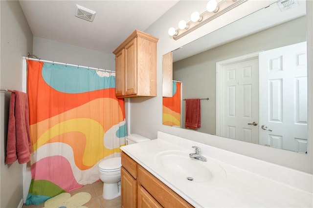 full bath featuring visible vents, vanity, toilet, and tile patterned floors