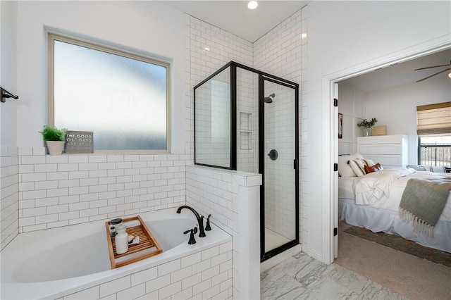 bathroom with a stall shower, marble finish floor, a garden tub, and connected bathroom