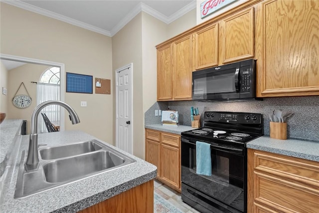 kitchen with backsplash, sink, black appliances, and ornamental molding