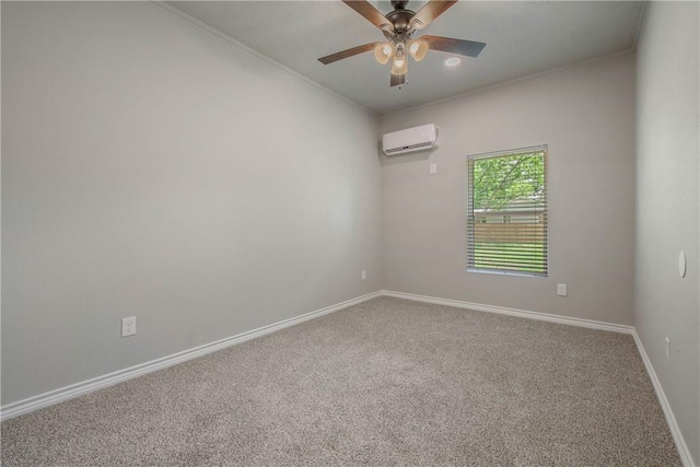 808 N Washington Ave, Bryan, TX 77803 - spare room with an AC wall unit, crown molding, carpet flooring, a ceiling fan, and baseboards
