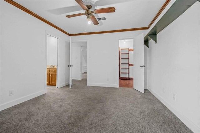 2430 E Briargate Dr, Bryan, TX 77802 - unfurnished bedroom featuring light colored carpet, ornamental molding, baseboards, and a ceiling fan