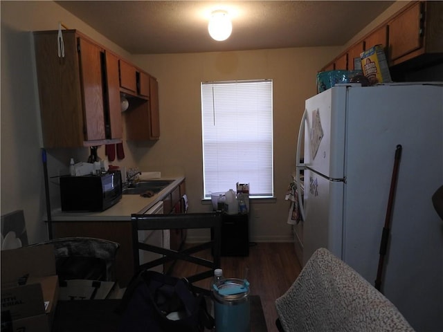 kitchen with dark hardwood / wood-style flooring, sink, and white fridge