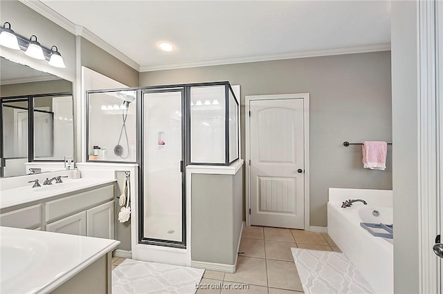 bathroom featuring tile patterned flooring, vanity, plus walk in shower, and ornamental molding