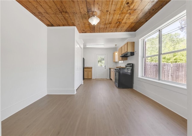 unfurnished living room with wooden ceiling, baseboards, and light wood-style floors