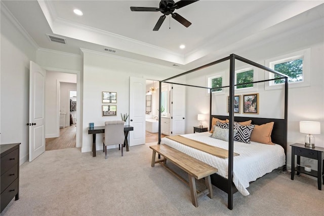 6038 Rain Meadow Dr, College Station, TX 77845 - bedroom featuring a raised ceiling, crown molding, light carpet, recessed lighting, and ensuite bathroom