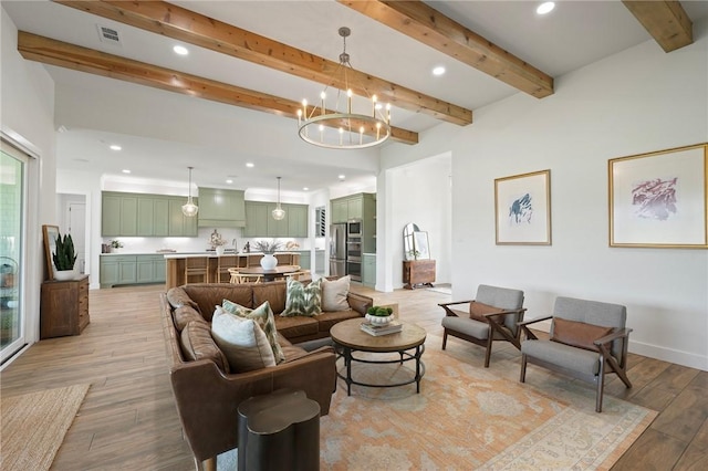 6038 Rain Meadow Dr, College Station, TX 77845 - living room featuring recessed lighting, a chandelier, light wood-style flooring, beamed ceiling, and baseboards