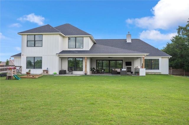 6038 Rain Meadow Dr, College Station, TX 77845 - back of house featuring a chimney, an outdoor hangout area, a patio, a ceiling fan, and roof with shingles