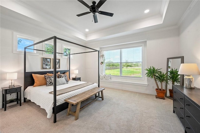 6038 Rain Meadow Dr, College Station, TX 77845 - bedroom with a tray ceiling, light colored carpet, ornamental molding, recessed lighting, and a ceiling fan
