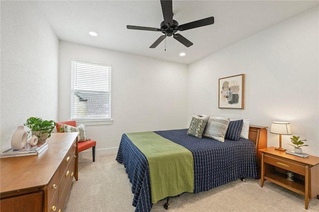 6038 Rain Meadow Dr, College Station, TX 77845 - bedroom with light colored carpet, baseboards, recessed lighting, and a ceiling fan