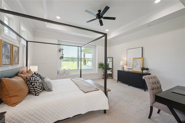 6038 Rain Meadow Dr, College Station, TX 77845 - bedroom featuring crown molding, light colored carpet, recessed lighting, a ceiling fan, and a raised ceiling