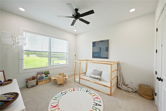 6038 Rain Meadow Dr, College Station, TX 77845 - rec room featuring healthy amount of natural light, carpet, recessed lighting, a ceiling fan, and baseboards