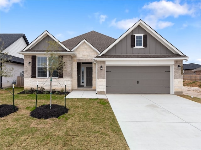 view of front of property with driveway, brick siding, board and batten siding, and a front yard