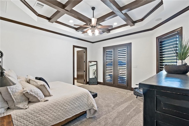 bedroom with access to outside, beamed ceiling, coffered ceiling, and carpet floors