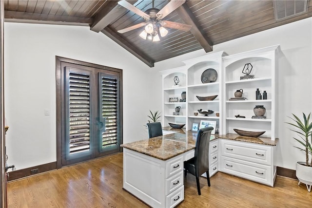 office area featuring light wood finished floors, visible vents, lofted ceiling with beams, and ceiling fan