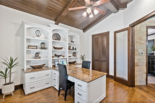 office featuring ceiling fan, wooden ceiling, vaulted ceiling with beams, and light wood-style floors