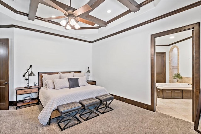 bedroom with baseboards, coffered ceiling, beam ceiling, ornamental molding, and light colored carpet