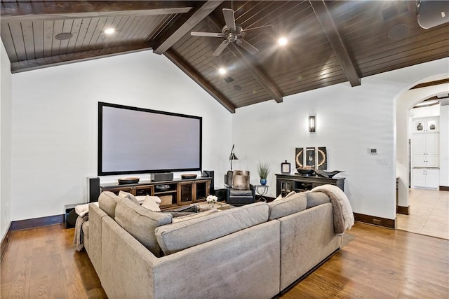 home theater room featuring wood ceiling, beamed ceiling, wood finished floors, and arched walkways