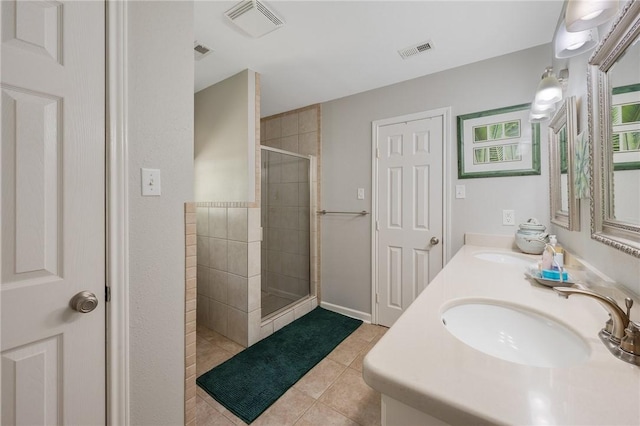 full bathroom featuring visible vents, a sink, tile patterned floors, and a shower stall