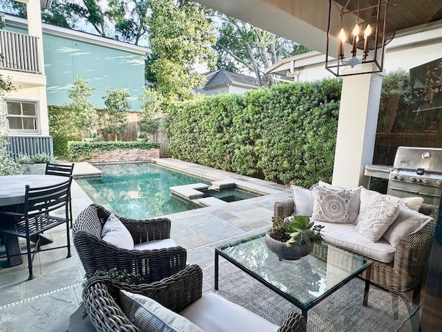 3911 Swarthmore St, Houston, TX 77005 - view of swimming pool featuring a patio, outdoor lounge area, an in-ground hot tub, a fenced backyard, and outdoor dining space