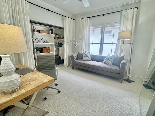 3911 Swarthmore St, Houston, TX 77005 - office area with carpet flooring, ornamental molding, and a ceiling fan