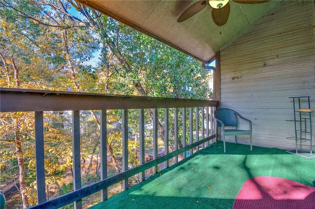 balcony featuring ceiling fan