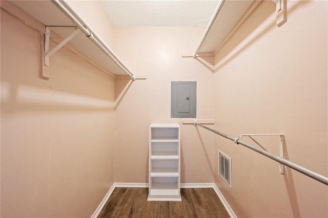 spacious closet featuring dark hardwood / wood-style floors and electric panel