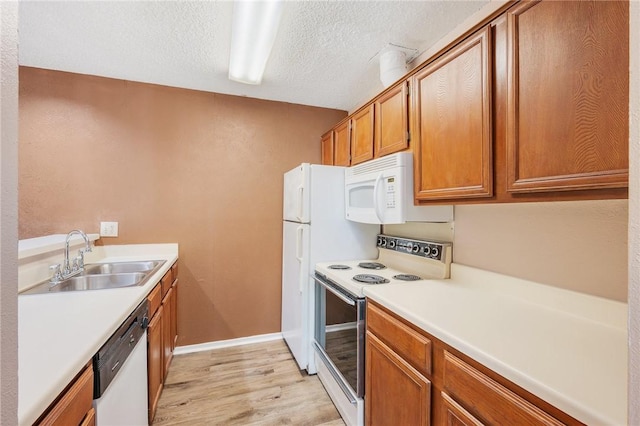 kitchen featuring sink, white appliances, and light hardwood / wood-style flooring