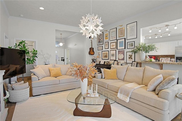 living room featuring light wood-type flooring and ornamental molding