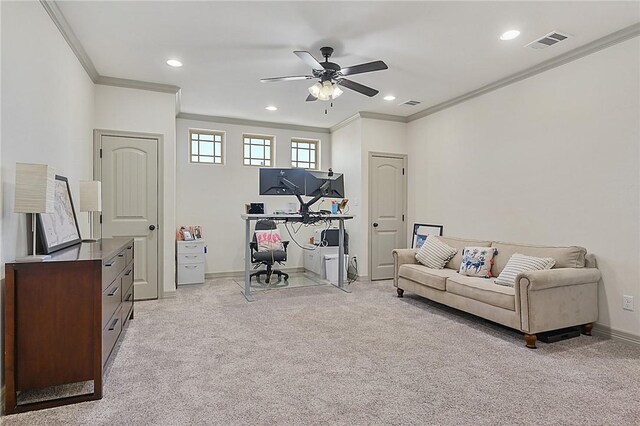 4111 Downton Abbey Ave, College Station, TX 77845 - interior space with visible vents, a ceiling fan, crown molding, and light colored carpet