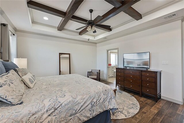 4111 Downton Abbey Ave, College Station, TX 77845 - bedroom with visible vents, wood finished floors, baseboards, beamed ceiling, and coffered ceiling