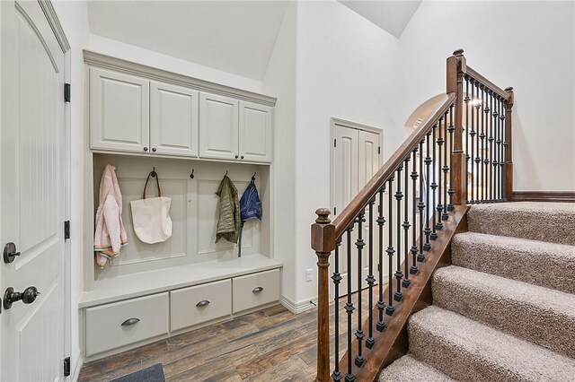 4111 Downton Abbey Ave, College Station, TX 77845 - mudroom featuring baseboards, lofted ceiling, and wood finished floors