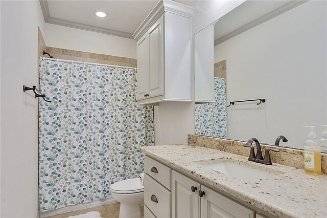 4111 Downton Abbey Ave, College Station, TX 77845 - full bath with vanity, ornamental molding, toilet, and a shower with shower curtain