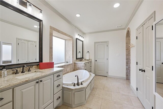 4111 Downton Abbey Ave, College Station, TX 77845 - bathroom with crown molding, recessed lighting, a bath, two vanities, and a sink