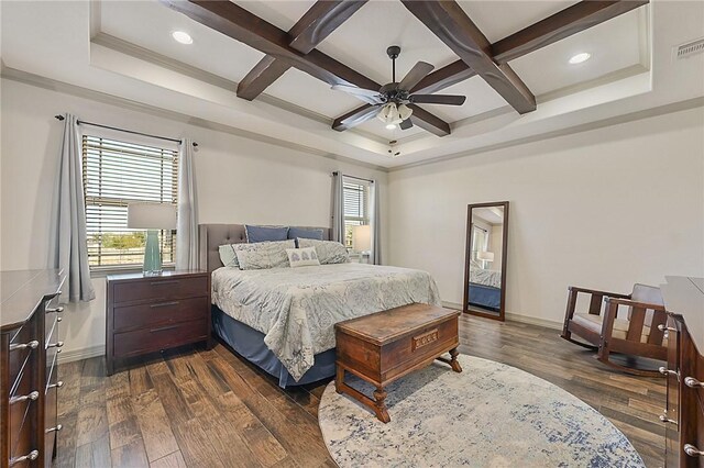 4111 Downton Abbey Ave, College Station, TX 77845 - bedroom featuring beam ceiling, dark wood finished floors, recessed lighting, baseboards, and coffered ceiling