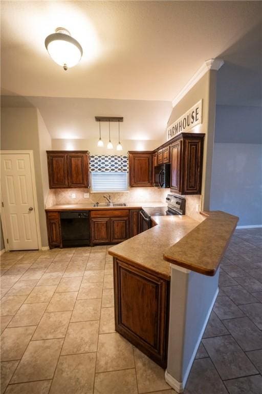 kitchen with backsplash, kitchen peninsula, pendant lighting, light tile patterned floors, and black appliances