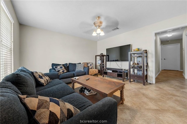 living room with ceiling fan