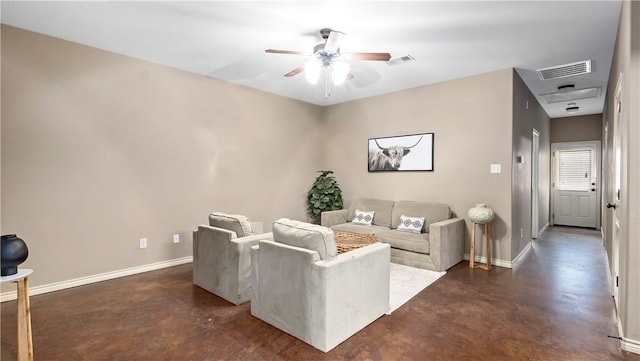 living room with ceiling fan