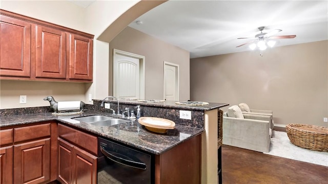 kitchen featuring kitchen peninsula, ceiling fan, sink, dark stone countertops, and black dishwasher