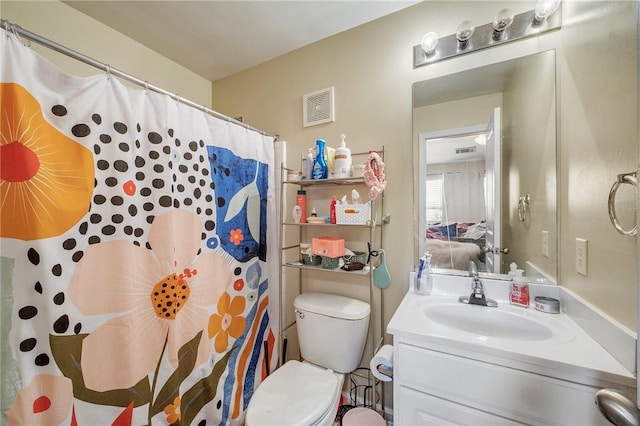 full bathroom with visible vents, a shower with curtain, toilet, and vanity