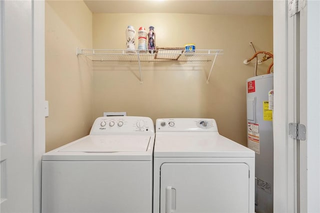 laundry room with washer and dryer, laundry area, and water heater