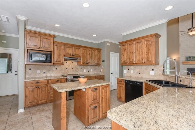 kitchen featuring decorative backsplash, sink, ornamental molding, and black appliances