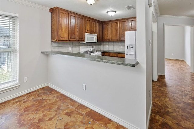 kitchen featuring backsplash, white appliances, plenty of natural light, and ornamental molding