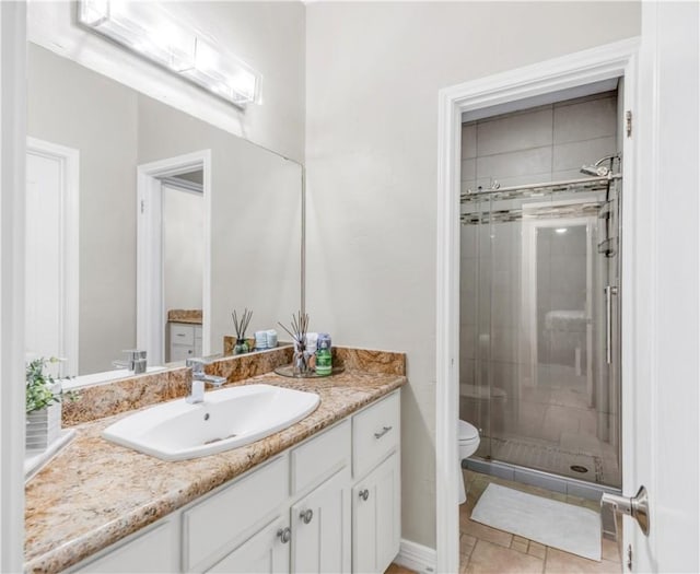 bathroom with vanity, toilet, a shower stall, and tile patterned flooring