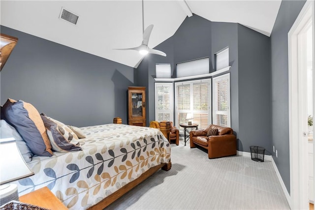 carpeted bedroom with high vaulted ceiling, visible vents, ceiling fan, beamed ceiling, and baseboards
